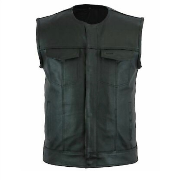 Mens Motorcycle Collarless Leather Club Vest Solid Black Concealed Carry Pockets - Picture 2 of 2